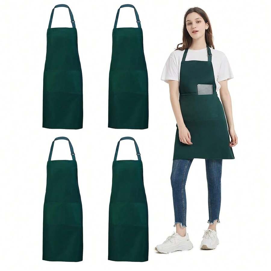 4 Pack Chef Apron, Waterproof Apron, Adjustable Apron With 2 Pockets For Men Women, Apron For CooFKing BaFKing Restaurant(Green),Green - Màu xanh lá - Xem 1