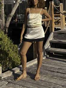 Women Lace Silk Slip Mini Skirts,Lace Trim Satin Under Skirt Low Rise Silky Short Skirts,Y2K Slim Fit Underskirt,Skirt High Elastic Waist Lace Patchwork Stylish Skirts,Summer Party White Skirt - 黑色 - 查看 7