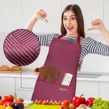 2 Pack Adjustable Bib Apron With 2 Pockets Chef CooFKing Kitchen Restaurant Aprons For Women Men,WinePinstripes - 葡萄酒細條紋 - 查看 5