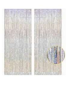 1/2pcs Silver Metal Wire Tassel Curtain, Photo Backdrop, Suitable For Birthday, Graduation, Engagement, Bridal Shower, Bachelorette Party, Baby Shower Decoration - Silver - View 1