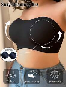 1pc Plus Size Simple Black Strapless Bra With Removable Pads, Silicone Non-Slip Design, Comfortable Bandeau Bra - Black - View 3