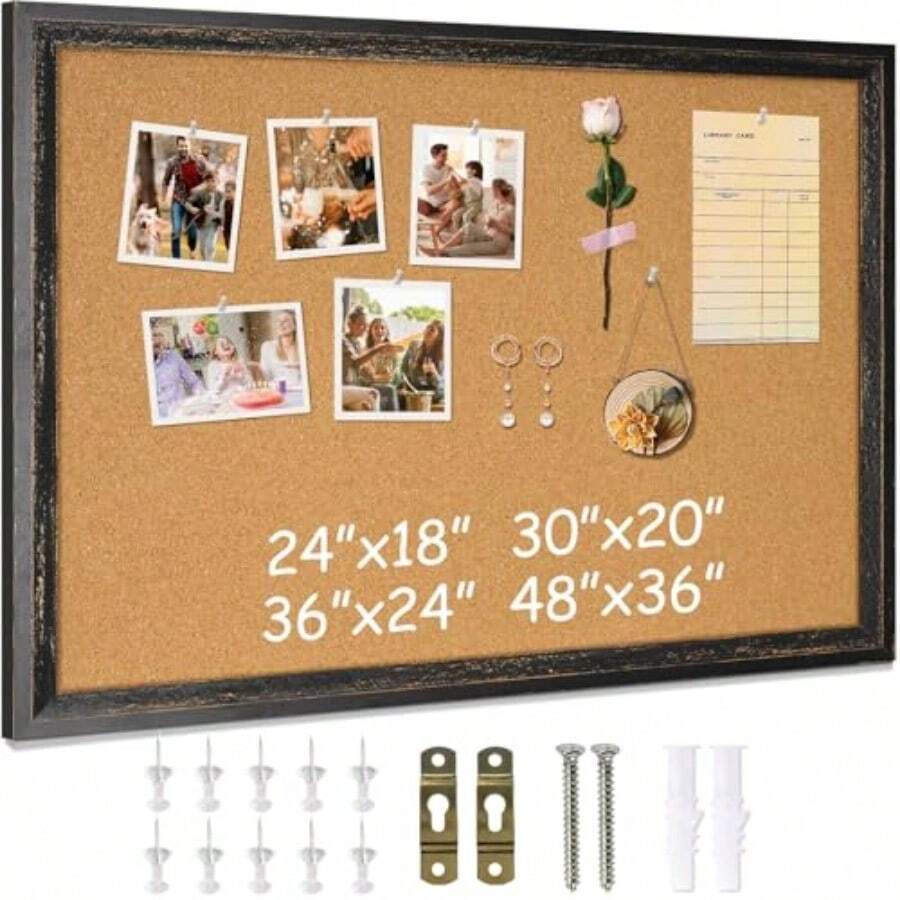 DOLLAR Cork Board For Office 36 X 24 Inches Cork Boards For Walls Bulletin Board Decorative Hanging Pin Board Rustic Wooden Frame Vision Board Cork Notice Board For Office Home Decor Black - 黑色 - 查看 1