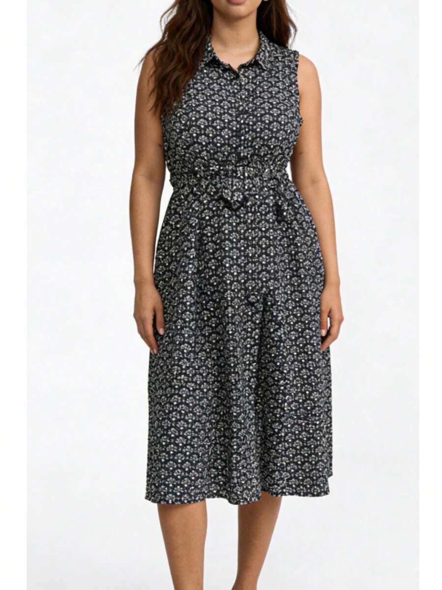 Vestido maxi de mujer de moda con estampado, vestido maxi sin mangas con cuello de solapa para verano, vestido midi fluido de talla grande para vacaciones y días festivos de verano - Negro - Ver 1