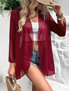 EARO 春季休闲纯色喇叭袖轻薄透视外套 - 酒紅色 - 查看 3