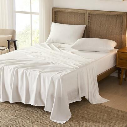 3/4 件竹纤维凉爽床单套件，100% 有机粘胶纤维，源自竹纤维床单套件，奢华柔软凉爽，透气柔软，包括床单*1+床笠*1+枕套*1/2，深口袋床单，适用于所有尺寸的床 - 单人床、双人床、特大号床、大号床，适用于家庭床上用品和学校床上用品