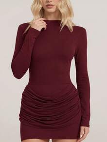 Spring And Summer Women's Casual Elegant Wine Red Mini Dress, Knit Fabric, Long Sleeve Round Neck, Ruched Fitted Design, Suitable For Parties And Events, Mother's Day - Burgundy - View 7