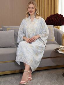 2026 New Style Ramadan Traditional Elegant Embroidered Arabic Women's Dress, JALABIA V-Neck Split Sleeve Dress, Luxurious Ramadan Vibe - Baby Blue - View 5