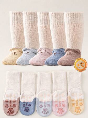 Random 3 Pairs Of Children's Socks, Winter Baby Socks, Cute And Warm With Fleece, Thick Coral Fleece, Teddy Bear Socks, Double Ear Point Adhesive, Anti Slip, Children's Floor Socks