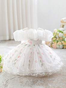 女婴无袖碎花网纱可爱花童礼服，适合一周岁生日派对、外出等场合，不含头饰 - 白色 - 查看 4