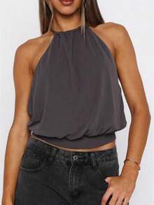 Women Halter Neck Cami Tops Solid Color Open Back Sleeveless Crop Shirts  Summer Streetwear - Dark Grey - View 2
