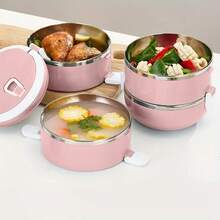 1/2/3/4pcs Round Stainless Steel Premium Solid Color Lunch Boxes With Lids, Multi-Layer Compartments, Multifunctional, High-Temperature Resistant, Strong Sealing, Heat-Insulated, Portable With Handle And Vent Valve, Made Of Materials, Adaptable To Various Scenarios. Suitable For Home, Kitchen, Restaurant, Office, Students, Hospitals, Visiting Relatives, Picnics, Camping, And Travel. - Pink - View 2