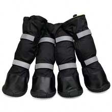 4pcs/Set All-Season Pet Dog Shoes, [Material]: Raincoat Fabric + Rubber Sole + Reflective Strap & Hook And Loop, Outdoor Walking Waterproof Anti-Slip Warm High-Top Double Strap Elastic Shoes For Small/Medium/Large Dogs, Pet Training Supplies, Suitable For Christmas, Valentine's Day, Eid, Easter, New Year Birthday Gifts - Black - View 3