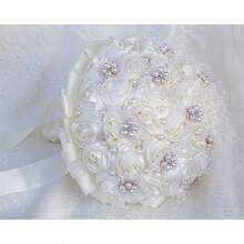 zxr Ramo de boda de marfil hecho a mano con cinta de perlas de diamantes de imitación ramo de flores de satén para novia dama de honor ramo de quinceañera boda marfil de 8.7 pulgadas125 - Marfil - Ver 3