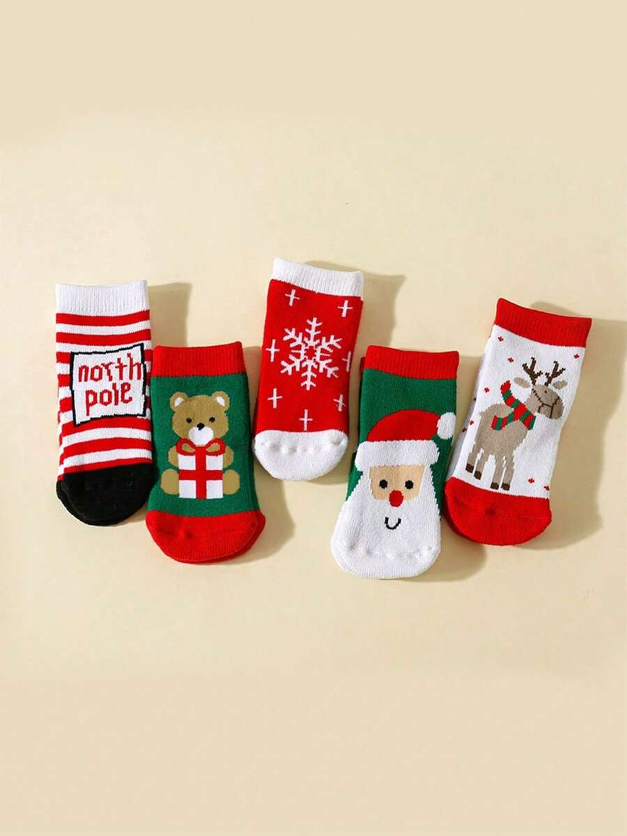 5 双儿童圣诞袜，适合男孩和女孩，圣诞老人、驯鹿、雪花设计，中长款，适合圣诞节、派对 - 彩色 - 查看 1