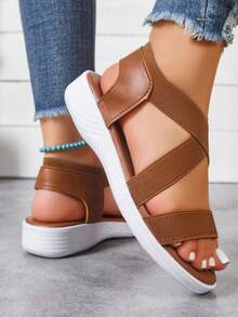 Women's Platform Wedge Sandals, Fashion Criss-Cross Elastic Band, Elegant Luxury Sexy Party Sandals, Lightweight Casual Beach Versatile High Heel Sandals - Brown - View 6