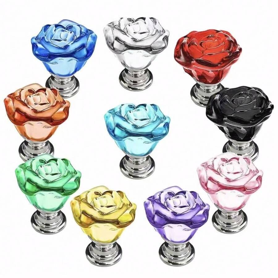 10pcs Crystal Knobs, 30mm Rose Flower Style Glass Pull Handles For Cabinets And Drawers, Suitable For Vanity, Dresser And Kitchen - Multicolor - View 1