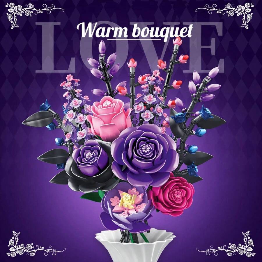 9-In-1 Flower Bouquet Model Building Blocks, Purple Flower Bouquet Puzzle Building Blocks Set, Desktop Decor Gift, Home Decor Ornament, Stress Relief, Enjoy Peaceful Assembly Time, Holiday/Birthday Gift, Suitable For Gifting - Multicolor - View 1