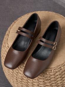 MonaNise 女士3厘米布面包跟黑色时尚百搭藏蓝色、咖啡色、酒红色低跟粗跟优雅玛丽珍鞋 - 棕色 - 查看 3