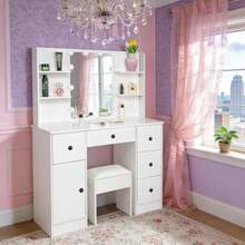 Large Dressing Table W/ 10 LED Lighted Mirror Lady Vanity Makeup Desk Stool Set - 白色 - 查看 7
