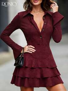 DONICY 优雅女士连衣裙，女士春夏新款麂皮领单排扣荷叶边喇叭袖衬衫裙，时尚复古通勤优雅酒红色A字迷你连衣裙，适合约会和购物 - 酒紅色 - 查看 6