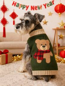 1pc Pet Cat & Dog Stretchy Soft Teddy Bear Embroidery Sweater Knitted Shirt For Fall And Winter Season - Army Green - View 7