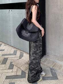 Americana de camuflaje retro pantalones vaqueros de pierna ancha las mujeres la primavera y el otoño de cintura alta suelta delgada recta pantalones de arrastre pantalon de mezclilla dama - Negro - Ver 2