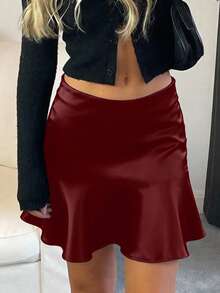 Yueweinini 优雅休闲柔软丝滑亮面缎面纯色A字高腰拉链半身裙，适合派对、情人节、音乐节、婚礼等场合。 - 酒紅色 - 查看 4
