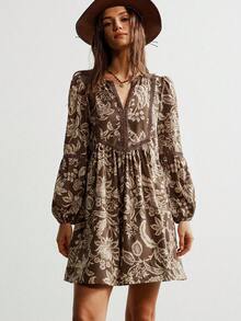 Rusttydustty 条纹蕾丝V领休闲长袖经典咖啡色连衣裙，波西米亚风沙滩裙，适合音乐节及类似场合，优雅春季款 - 咖啡 - 查看 2