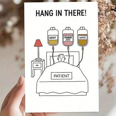 "1pc Humorous 'HANG IN THERE!' Greeting Card With Envelope (11cm16cm&4.33in6.29in) - IV Bag Design, Perfect For Cheering Up A Sick Friend, Greeting Card|Hang In There IV Bag Humor Get Well Card|Paper Greeting Card"