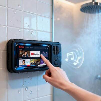 Bathroom Shower Waterproof Phone Holder Bluetooth Speaker 360°Rotation Touch Screen Mobile Phone Box Watch Movie Listening Music
