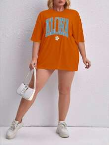 Oversized Printed Aloha Flower T-Shirt, Summer/Spring Short Sleeve Blouse, Lightweight Gym Wear - Orange - View 4