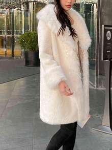 Women's Luxury Solid Color Faux Fur Long Collar Coat, An Ideal Choice For Winter - White - View 4