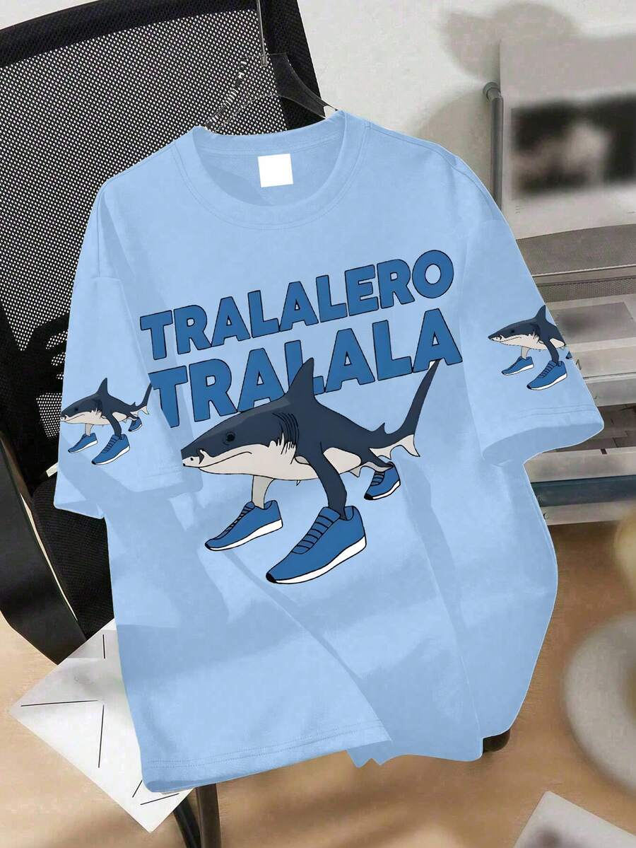 一件装趣味鲨鱼图案青少年男童T恤，运动鞋图案上衣，春夏流行校园服饰 - 藍色 - 查看 1