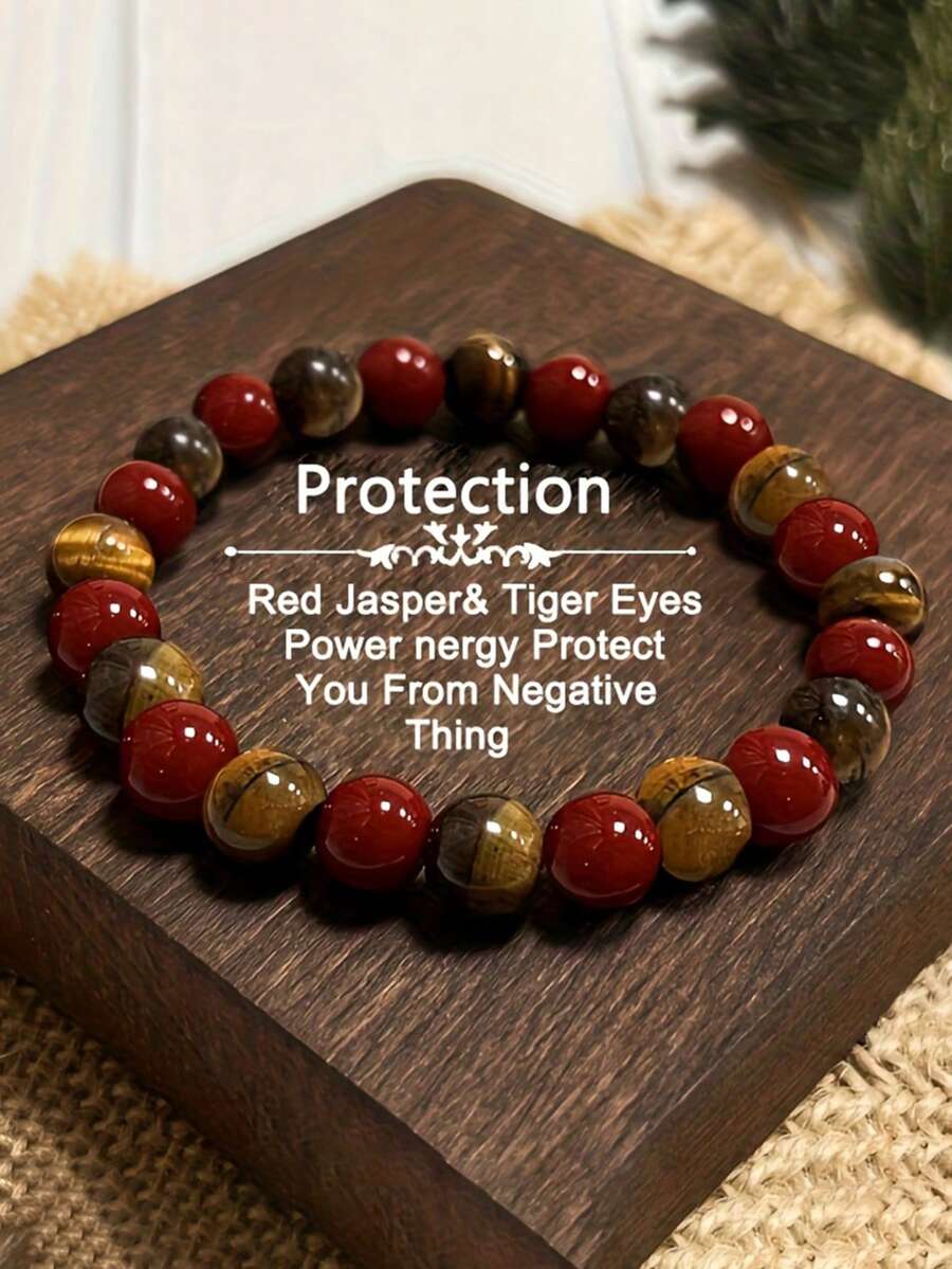 内在力量宝石手链 – 红碧玉、虎眼石，象征守护、自信、勇气和能量，串珠瑜伽冥想饰品，男女皆宜 - 彩色 - 查看 1