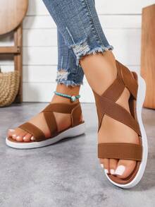 Women's Platform Wedge Sandals, Fashion Criss-Cross Elastic Band, Elegant Luxury Sexy Party Sandals, Lightweight Casual Beach Versatile High Heel Sandals - Brown - View 4