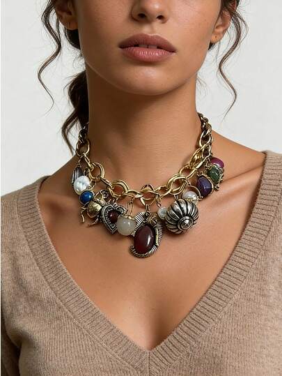 1pc Vintage High-End Faux Pearl & Gemstone Animal Shaped Metal Pendant Necklace, Creative & Fashionable