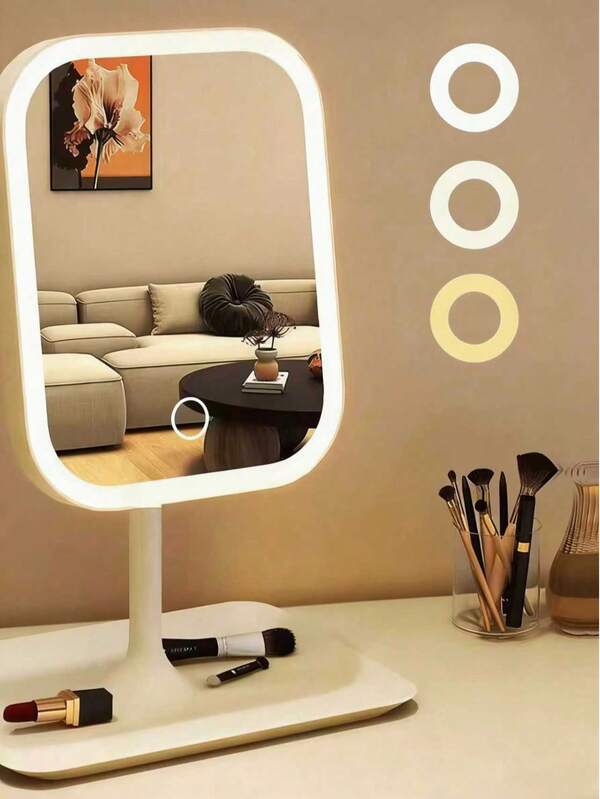 1pc Adjustable LED Makeup Mirror, Smart 3-Color Lighting Brightness Adjustable, One-Touch Rechargeable Vanity Mirror, 270° Rotation High Definition Tabletop Mirror, Portable With Storage Tray, Suitable For Bedroom, Bathroom, Nightstand, Dorm, Great Gift For Mother's Day, Birthday, Women