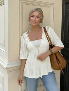 Áo khoác cardigan dệt kim dáng rộng, khoét lỗ, buộc dây, kiểu dáng tối giản cho nữ mùa hè, cổ thấp, tay ngắn, chất liệu lưới móc nhẹ, chống nắng. - trắng - Xem 5