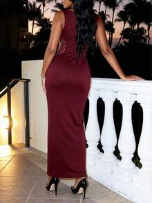 女士酒红色弹力亮片镂空长裙，派对夜生活优雅性感迷人修身连衣裙，情人节装扮 - 酒紅色 - 查看 10