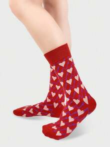 1/2 Pair Arrow & Heart Pattern Socks, Black & Red, Fashion Versatile Casual Unisex Mid-Calf Socks For Couples - Multicolor - View 6