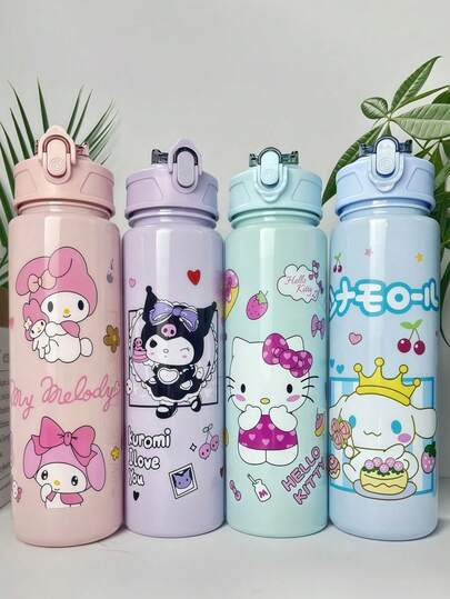 1pc All-In-One Water/Coffee/Tea Cup, Suitable For Daily Travel, Commuting And Tourism. The Cup Body Is Decorated With Cute Sanrio Cartoon Characters, Including Kitty, Kurumi, Melody And Cinnamoril. It Makes A Great Gift.