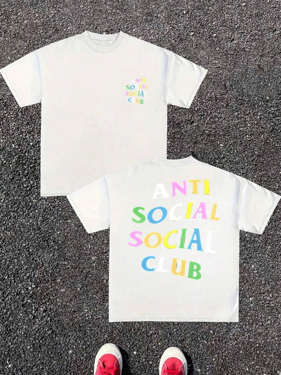 Anti Social Club Double Sided Digital Printed 220g Casual T Shirt 1pcs Men's Streetwear 100% Cotton Graphic Tee Relaxed Fit Tee For Urban Style - 白色 - 查看 1