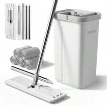 Mops And Bucket With Wringer Set With 61" Mop Handle With Flexible 13" Flat Head With Flat Mop - như hình ảnh - Xem 1