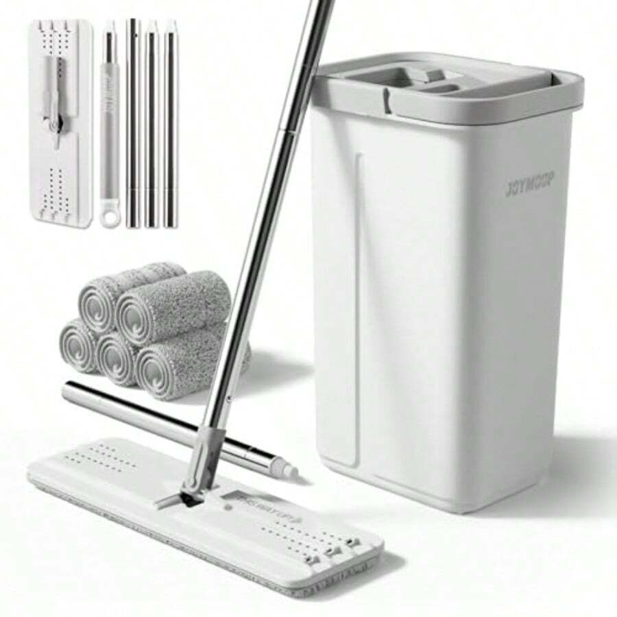 Mops And Bucket With Wringer Set With 61" Mop Handle With Flexible 13" Flat Head With Flat Mop - như hình ảnh - Xem 1