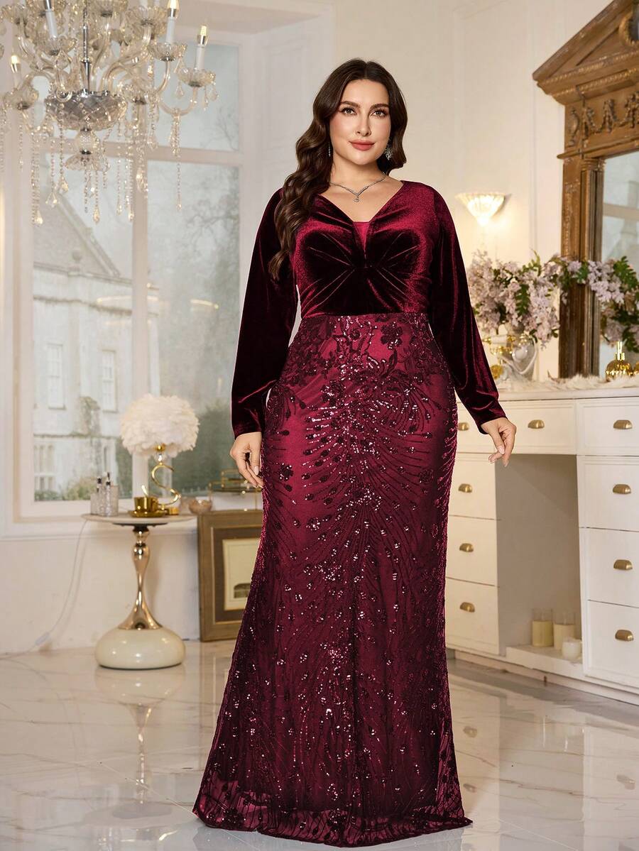 XUIBOL Đầm dạ hội dài tay dáng chữ A cổ chữ V đính sequin cỡ lớn, chất liệu nhung, thoải mái, phù hợp với nhiều dáng người, cổ chữ V, tay dài, ôm sát, dáng đuôi cá, thiết kế độc đáo, màu trơn, thanh lịch và sang trọng.