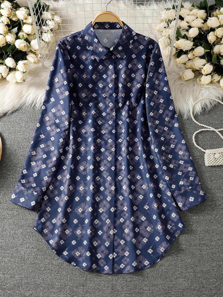 女士通体碎花长袖阿拉伯风格上衣，前开襟纽扣 - 彩色 - 查看 1