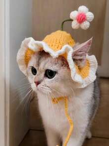 Handmade Knitted Pet Hat With Flower Decor, Soft & Warm, Fashionable & Cute, Suitable For Small Dogs & Cats, Ideal Gift For Pet Lovers As Pet Accessory, Pet Clothing, Photography Prop - Multicolor - View 5