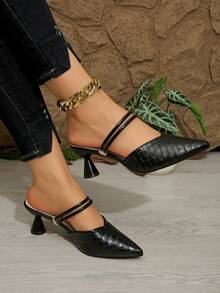 Fashionable & Versatile Black Stone Texture High Heel Pointed Toe Mules, Suitable For Spring & Summer - Black - View 5