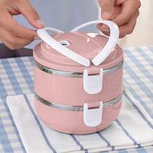 1/2/3/4pcs Round Stainless Steel Premium Solid Color Lunch Boxes With Lids, Multi-Layer Compartments, Multifunctional, High-Temperature Resistant, Strong Sealing, Heat-Insulated, Portable With Handle And Vent Valve, Made Of Materials, Adaptable To Various Scenarios. Suitable For Home, Kitchen, Restaurant, Office, Students, Hospitals, Visiting Relatives, Picnics, Camping, And Travel. - Pink - View 4