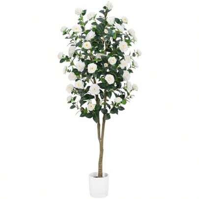 6FT Artificial White Camellia Tree Lifelike Faux Plant In Pot For Indoor And Outdoor Decoration Tall Camellia Flower Tree For Home Office And Patio Low Maintenance Perfect Housewarming Gift